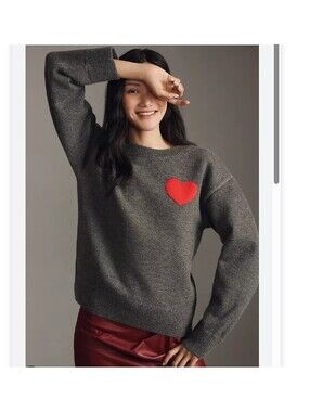 Vici Heart collection gray with red heart heavy sweater size small oversized